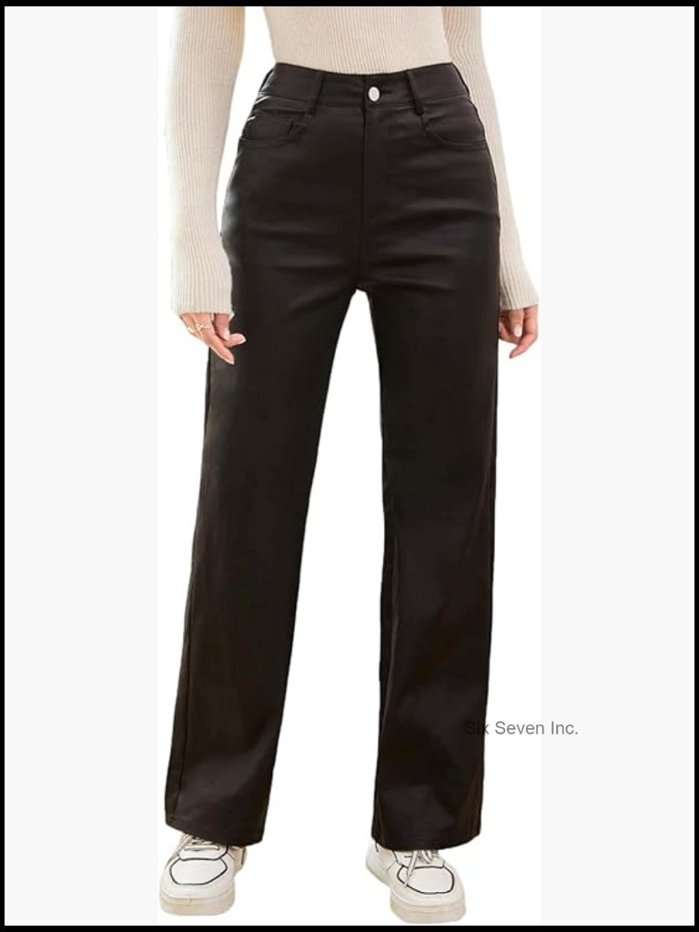 High Waist Straight Leg Jeans With Pockets Faux Leather Look Pants